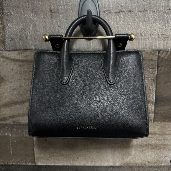 Strathberry Nano Tote NWT Black Leather Gold Hardware Storage Bag - Picture 1 of 14